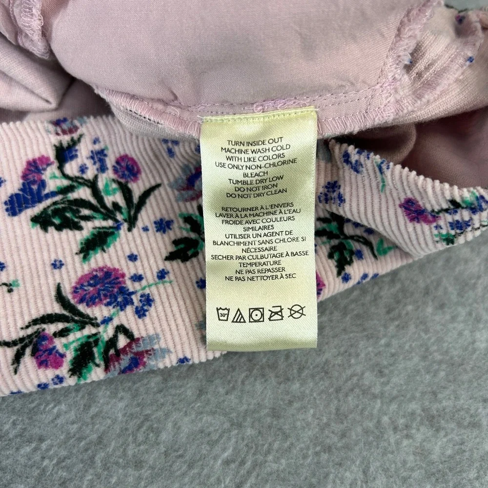 Free People Large Babydoll Top Pink Gaia Corduroy Floral Puff Sleeve Velvet Bow